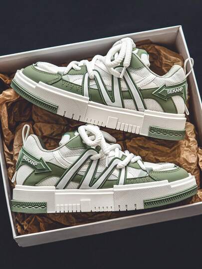 GAISIMA Men's Geometric Striped Decorated Thick Sole Skateboard Shoes, Casual Hip-Hop Street Style Sneakers, Versatile For All Seasons Streetwear And Daily Wear