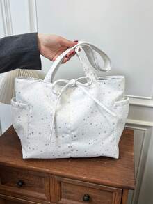 时尚百搭纯色新款手提包，休闲简约撞色纹理单肩包 - 白色 - 查看 1