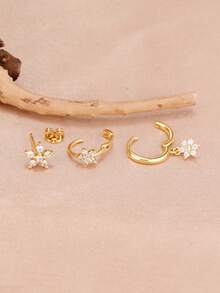 3PCS Fashion Cubic Zirconia Flower Hoop Earrings Set For Women 18K Gold Plated Cartilage Piercing Ear Stud Girls Party Jewelry Gift - 3PCS - Gold - View 3
