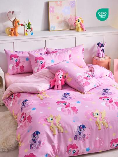 MY LITTLE PONY 2/3pcs Bedding Set, Cute Cartoon Pattern, Comfortable & Breathable, Skin-Friendly, Soft & Pilling Resistant, Home Textile, Room Decor, Includes 1 Duvet Cover & 1/2 Pillowcases, Excl. Comforter, Suitable For Single/Double/Queen/King Size Bed, All Seasons, Multiple Sizes Available, Machine Washable, Elegant Gift, Pink, OEKO-TEX