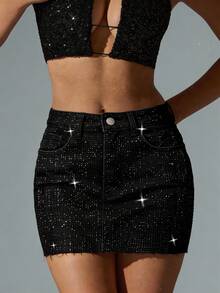 Chân váy ngắn màu đen lấp lánh của Niche Design với viền tua rua, kiểu dáng suông cạp cao, thích hợp cho mùa hè. - màu đen - Xem 4