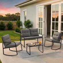 Lofka 4 Piece Rocking Bistro Set, Black Steel Patio Furniture, Porch Chairs Conversation Set With Glass Coffee Table, Back Cushion, For Balcony, Garden, Deck, Backyard, Grey - 灰色 - 查看 2