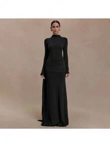 Spring And Summer New High-End Women's Clothing Celebrity Style Solid Color Turtleneck Long-Sleeved Streamer Pleated Hip-Wrapped Temperament Dress Skirt - Black - View 3
