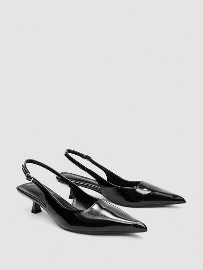 女士黑色高跟鞋，4厘米猫跟鞋，派对正式场合套脚细高跟鞋，尖头高跟鞋