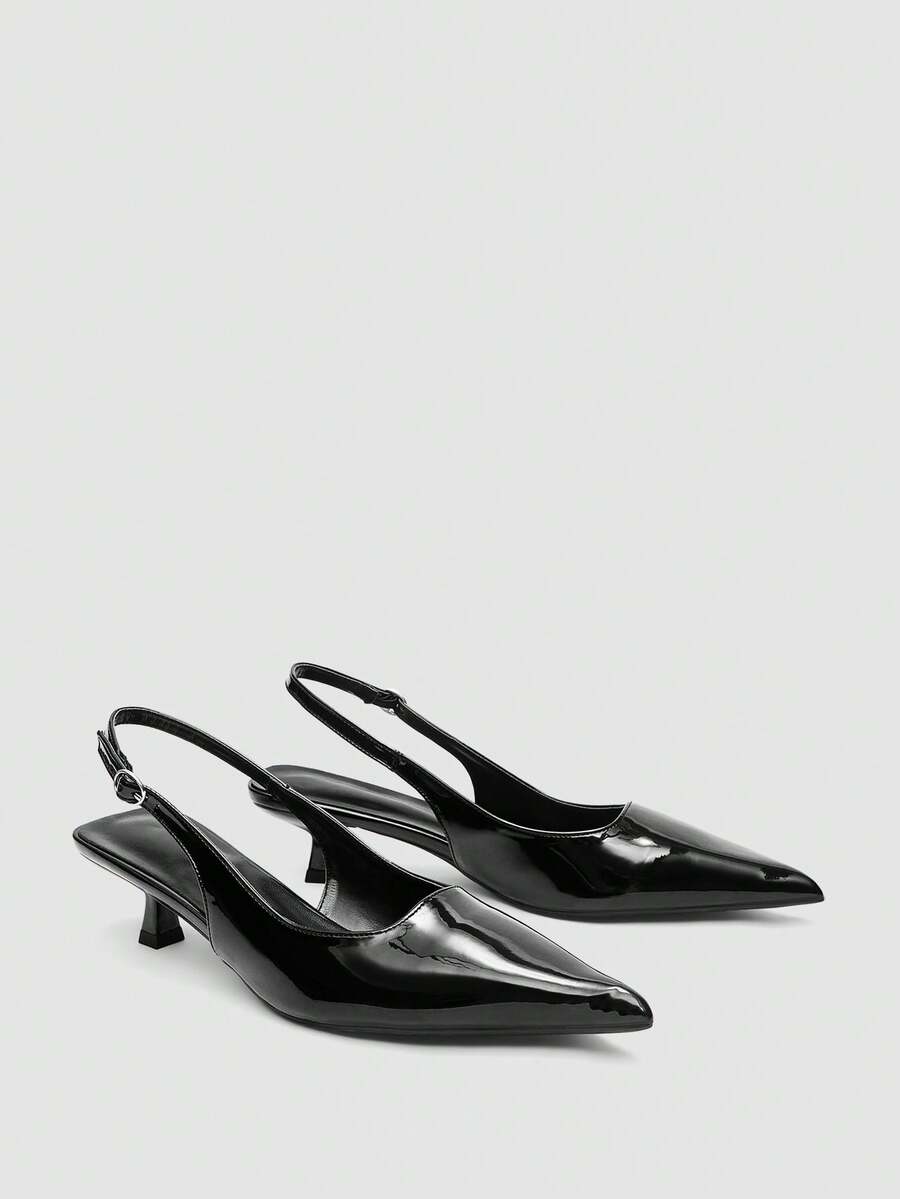 女士黑色高跟鞋，4厘米猫跟鞋，派对正式场合套脚细高跟鞋，尖头高跟鞋 - 黑色 - 查看 1