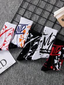 4 Pairs Of Men's Colorful Stylish Street Style Doodle Crew Socks, Random Colors, Fall - 多色 2 - 查看 11