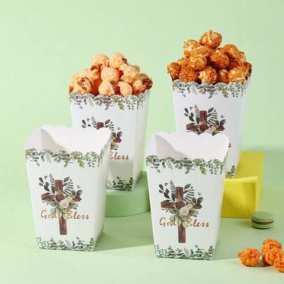 10pcs/20pcs/50pcs, God Bless Party Food Containers,First Communion Party Chip Boxes, Gold Cross,Elegant Pastel Green & Golden Jesus Fish & Fleur-De-Lis Party Snack Boxes With Golden Accent - Sturdy Cardboard High Quality Coated Paper Confectionery & Popcorn Containers For Christian Celebrations, Birthday Parties,Newborn Baptism Church Party Decorations