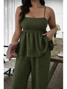 Women's Set: Wide-Leg Pants And Elegant Blouse In Duna Fabric! - 軍綠色 - 查看 1