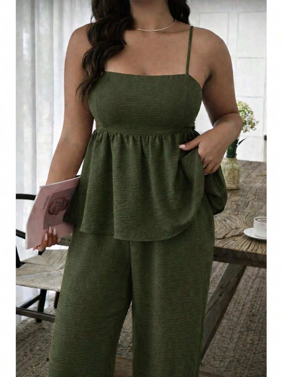 Women's Set: Wide-Leg Pants And Elegant Blouse In Duna Fabric! - 軍綠色 - 查看 1