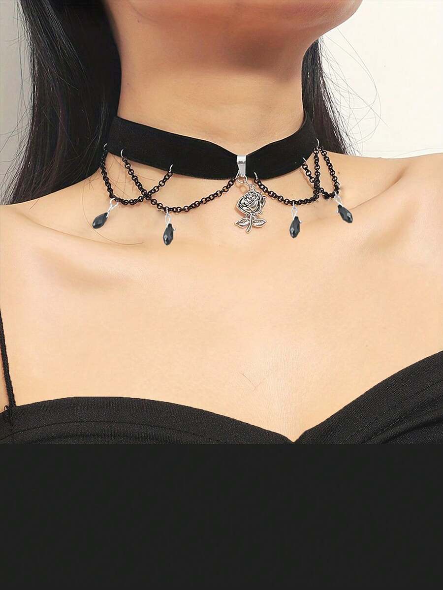 1件装女士哥特式山茶花吊坠项链，暗黑风格水滴吊坠项链，甜美性感女孩颈链 - 彩色 - 查看 1