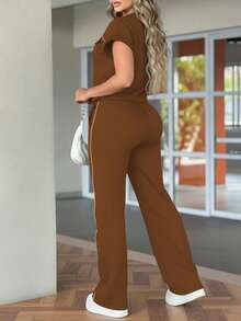 Conjunto de 2 piezas de mujer con top de cuello redondo de unicolor minimalista de manga corta y pantalones rectos de cintura alta, elegante para primavera/verano - Marrón 26 - Ver 4
