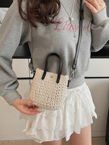 Woven Handbag For Women, New Arrival Fashionable Casual Style Summer Phone Bag, Shoulder Crossbody Bag, Small Tote - Beige - View 3