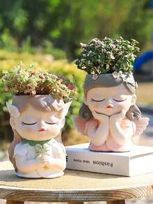 可爱仙女造型多肉植物盆栽，创意室内/室外花园装饰花盆，独特桌面装饰礼品 - 多色 - 查看 4
