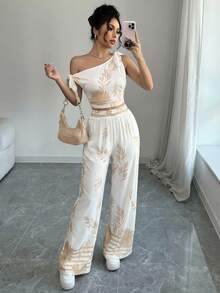 abyoxi 2pcs/Set Asymmetric Collar Asymmetrical Shoulder Tie-Waist Cropped Top & Wide Leg Pants, Casual Commute Holiday Beach Outfit, Spring/Summer - Apricot Flower - View 1