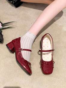 Women's High Heel Mary Jane Shoes, Bowknot Buckle, Office/School, Burgundy Patent Leather Square Toe Chunky Heel, Bowknot Strap, Retro European And American Style, Suitable For Date And Commute - Burgundy - View 1