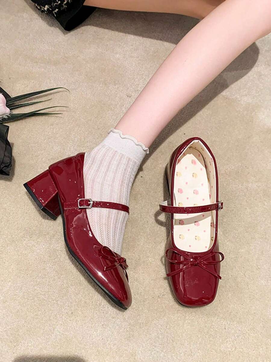 Women's High Heel Mary Jane Shoes, Bowknot Buckle, Office/School, Burgundy Patent Leather Square Toe Chunky Heel, Bowknot Strap, Retro European And American Style, Suitable For Date And Commute - Burgundy - View 1