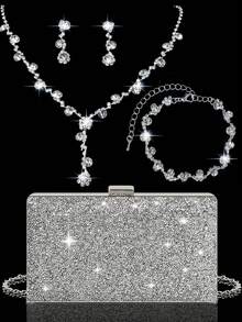 Fashion Evening Jewelry Four-Piece Set, Elegant Sparkling Pendant Necklace, Earrings, And Bracelet, Luxurious Sparkling Rhinestone Clutch Bag, Elegant Ladies' Party Bag, New Box-Shaped Shoulder Bag, Suitable For Parties, Dinners, Gatherings, And Balls - Silver - View 1