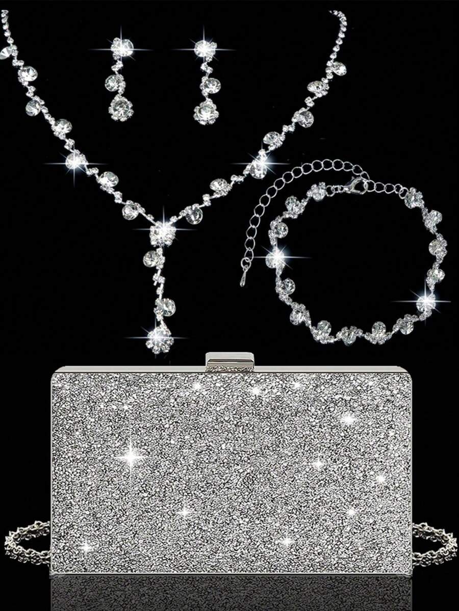 Fashion Evening Jewelry Four-Piece Set, Elegant Sparkling Pendant Necklace, Earrings, And Bracelet, Luxurious Sparkling Rhinestone Clutch Bag, Elegant Ladies' Party Bag, New Box-Shaped Shoulder Bag, Suitable For Parties, Dinners, Gatherings, And Balls - Silver - View 1