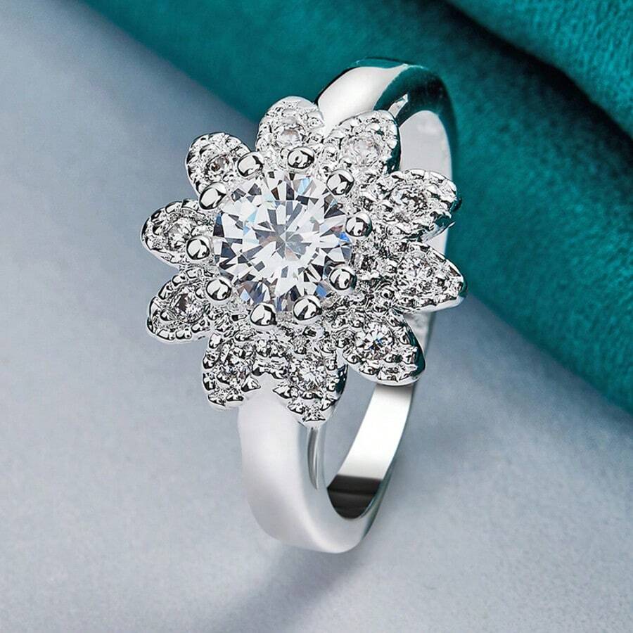 Nhẫn bạc 925 mạ hình hoa hướng dương đính đá Zirconia, size 7-10, dành cho nữ, thích hợp cho đám cưới, tiệc tùng. - Bạc - Xem 1