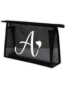 Bolsa de malha preta com estampa de letras brancas de A a Z, transparente, para guardar cosméticos. Grande capacidade e multifuncional, ideal para viagens, guardar batons, produtos de cuidados com a pele, maquiagem e outros itens essenciais. Perfeita para estudantes, com zíper e design minimalista. Ideal para guardar joias, joias, viagens, negócios, natação e para guardar em casa. Perfeita para as férias de verão. - Preto - Ver 16