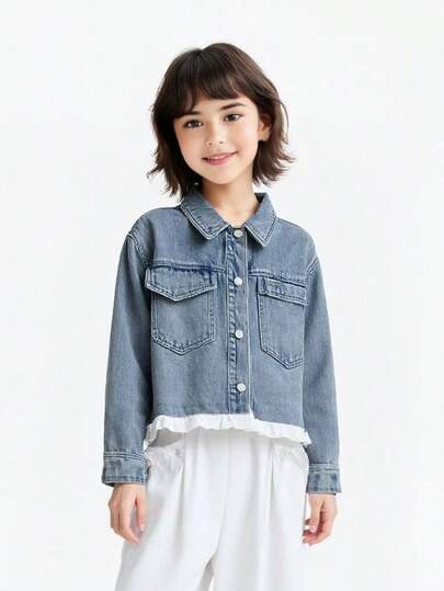 Annil Girls' Ruffled 2 In 1 Denim Jacket, Spring New Versatile Utility Style Cardigan