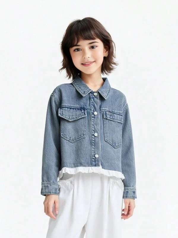 Annil Girls' Ruffled 2 In 1 Denim Jacket, Spring New Versatile Utility Style Cardigan - Medium Blue Jeans - View 1