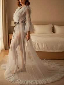 Women Summer Kimono Dress, Sheer Tulle V-Neck Long Flare Sleeves Floor-Length Night-Robe Lingerie - 灰色 - 查看 3
