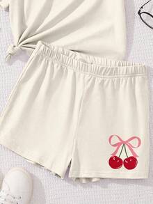 Girls 2 Piece Summer Outfit Cherry Bow Graphic Tee & Shorts Set Cute Casual Outfits - Màu be - Xem 6