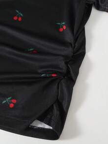 1pc Girls' Loose Casual Outdoor T-Shirt, Korean Style Sweet & Spicy, Cherry Decor, Ruched Waist, Round Neck, Summer - Black - View 6