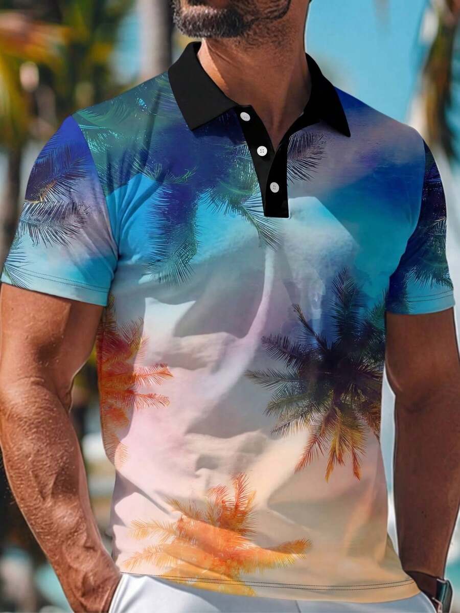 男士休闲棕榈树印花短袖Polo衫，夏季 - 彩色 - 查看 1