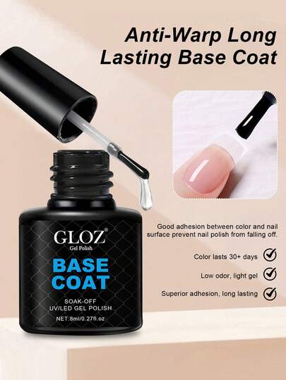 GLOZ Gel Base Coat For Gel Nail Polish, Nail Supplies No Wipe Clear Foundation For Long Lasting UV Light Cure Nail Art DIY At Home