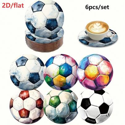 6个2D打印足球运动赛事图案圆形PET杯垫，适用于庭院、厨房、客厅、家庭聚会餐桌装饰，节日送给亲朋好友的礼物，也适合情人节、婚礼、生日派对家居装饰，是送给朋友的最佳礼物。
