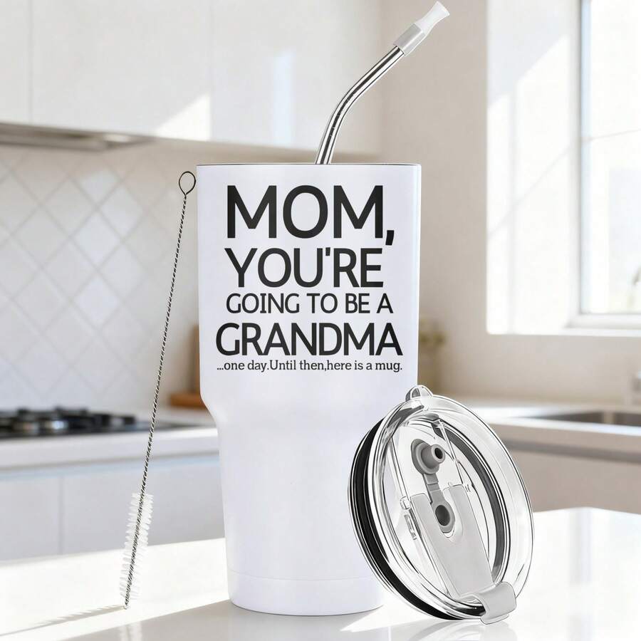 30oz Stainless Steel Tumbler Black White Options,  Mom Youre Going To Be A Grandma Graphic Cups, Insulated Travel Coffee Mug With Lid And Straw , Double Wall Vacuum Reusable Travel Cups,  Funny Birthday Party Gift For Men - 白色 - 查看 1