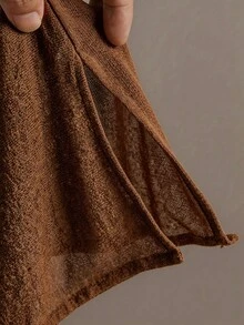 Women's Loose Solid Color Knitted Two-Piece Set (Thin Material For Spring And Summer) - Round Neck Long Sleeved Irregular Hem Spring And Autumn Sportswear And Split Wide Leg Pants, Suitable For Daily Home Use, Casual Sports Wear - 咖啡棕色*春季薄款旗艦 - 查看 4