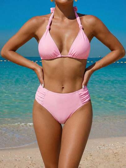 Sultry Sol 2pcs Sweet & Sexy Solid Color Tie-Up Spaghetti Strap Bikini Swimsuit Set, Beach Holiday Style