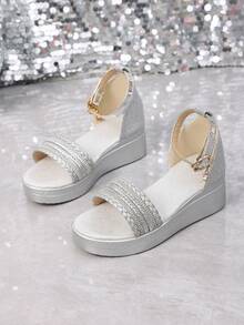 1 Pair Children's Silver Glitter High Heel Sandals, Summer Fashion Rhinestone Braided Vamp Design, Buckle Closure Girls Dress Sandals, Suitable For Daily Outfit Matching - Silver - View 2
