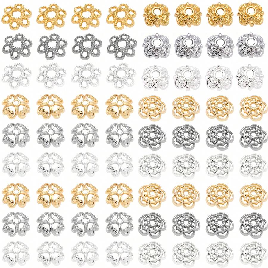 50pcs Bead Caps 18K Golden Plated Pretty Filigree Flower Bead Caps Brass Flower End Caps Loose Beads For Bracelet Necklace DIY Jewelry Making Crafts Supplies - Multicolor - View 1