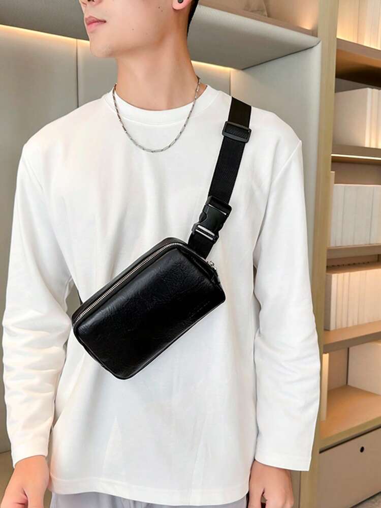 男士大容量纯色拉链腰包，时尚百搭胸包，单肩斜挎包，日常通勤休闲运动多功能手机零钱包 - 彩色 - 查看 1