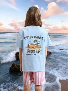 1件少女印花短袖T恤，学生及年轻女孩舒适时尚夏季上衣 - 淺藍色 - 查看 2