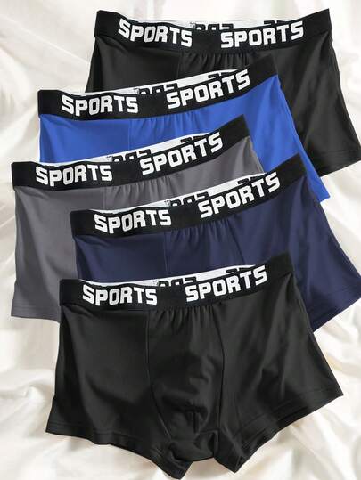 返校季：男士字母印花平角内裤5条装 - 柔软梭织面料，舒适弹力腰带 - 宽松版型，适合运动和休闲穿着 - 耐用四向弹力，速干透气 | 学生必备，礼盒套装，包装：袋装，无盒，万圣节男友礼物，圣诞节礼物