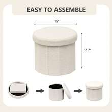 15 Inchs Round Storage Ottoman, Small Foldable Foot Stool With Hidden Storage For Living Room, Ottoman For Dorm - 白色 - 查看 5