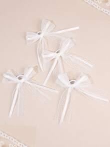 4pcs/Set White Mesh Bow Hair Ties, Solid Color Elastic Hair Tie, Ballet Style Wedding Bow Hairbands, Sweet Hair Accessories For Girls Teens Gifts Party Mother's Day Spring Summer - White - View 3