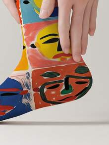 单双装艺术360°印花船袜 – 抽象人脸、霓虹骰子和涂鸦图案 | 青少年及潮流人士的街头服饰袜 - 彩色 - 查看 3