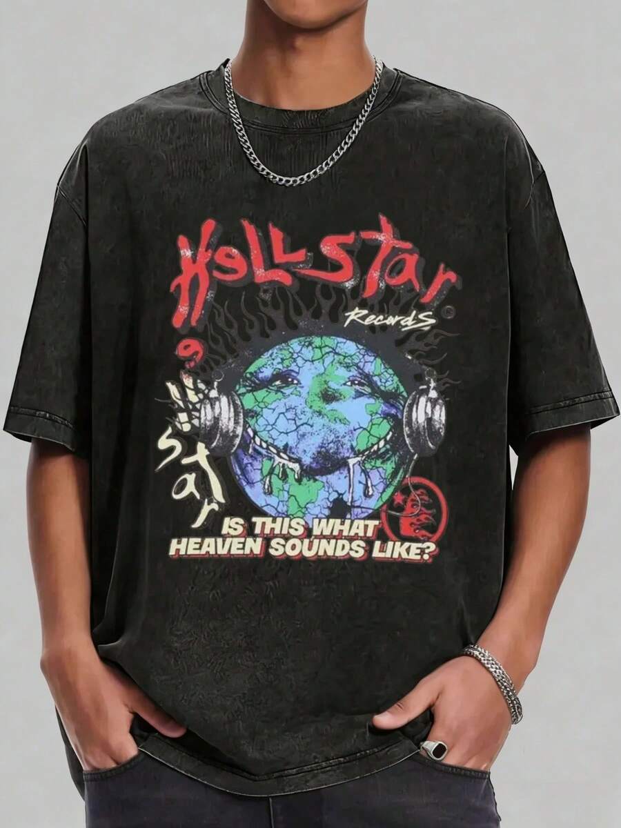 Hellstars Heaven Sound Graphic Retro Washed Print Round Neck Short Sleeve T-Shirt, 230g 100% Cotton T-Shirt, Summer Clothes, Men's Tops, Casual And Comfortable, Fashionable Graphic Tee, Unisex Style - Black - View 1
