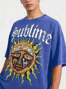 Retro Sun Face Skull Print, SUBLIM Band Style Free Theme Loose Short Sleeved Shirt Vintage Washed CottonT-Shirt Crew Neck Soft Tee For Men Women - 藍色 01 - 查看 3