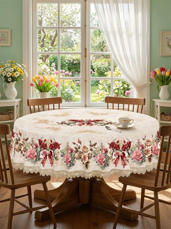 1pc Vintage Rose Oval Tablecloth - Red Floral Pattern With Bow Accent & Lace Edge, Reusable Table Cover For Indoor/Outdoor Use, Great For Living Room, Dining Room, Kitchen, Patio, Wedding Shower, Engagement Party, Birthday Gift & Romantic Home Styling