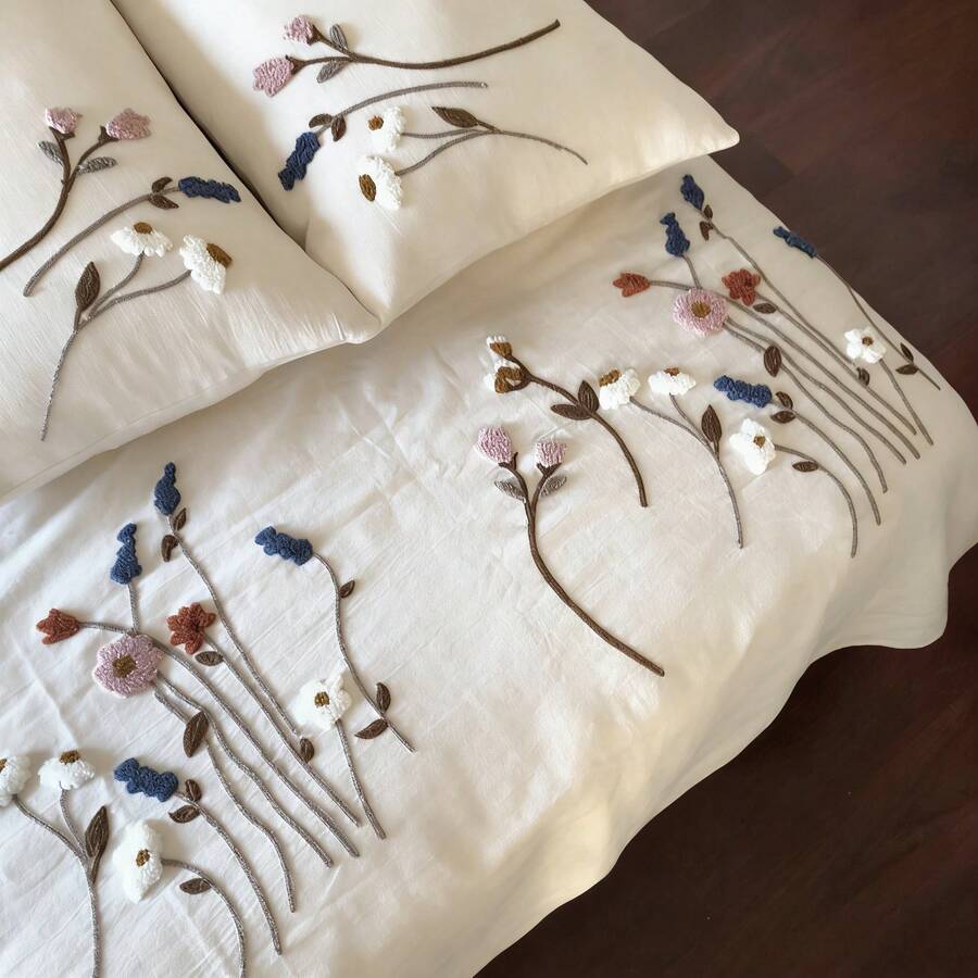 3件套柔软舒适褶皱纱布床品套装（1个被套+2个枕套，不含被芯），花卉植物乡村风格，适用于卧室、客房、男孩女孩，可机洗 - 白色 - 查看 1