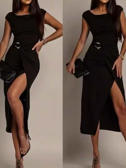 Women'short-Sleeved, Geometric Neckline, Open-Front Modal Mini Dress , 32325