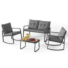 Lofka 4 Piece Rocking Bistro Set, Black Steel Patio Furniture, Porch Chairs Conversation Set With Glass Coffee Table, Back Cushion, For Balcony, Garden, Deck, Backyard, Grey - 灰色 - 查看 3