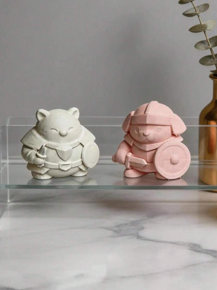 2pcs Pink & White Dog Leopard Warrior Figurine, Adorable Desktop Decor - 2pcs - View 1